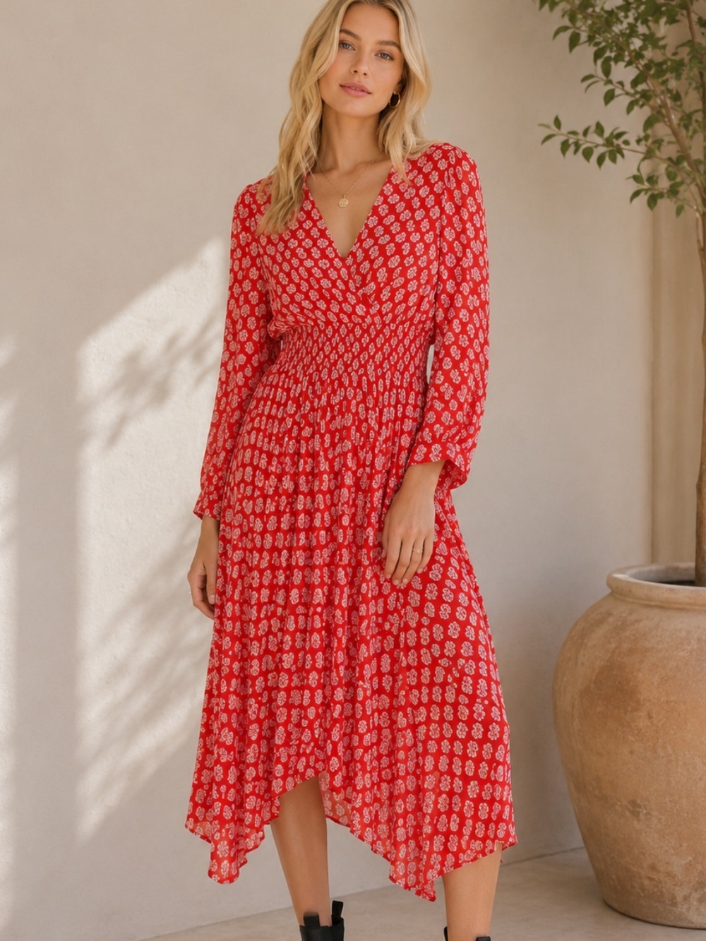 Maje Red Rayamette Monogram-Print Crepe Midi Dress Size 36 - 8046